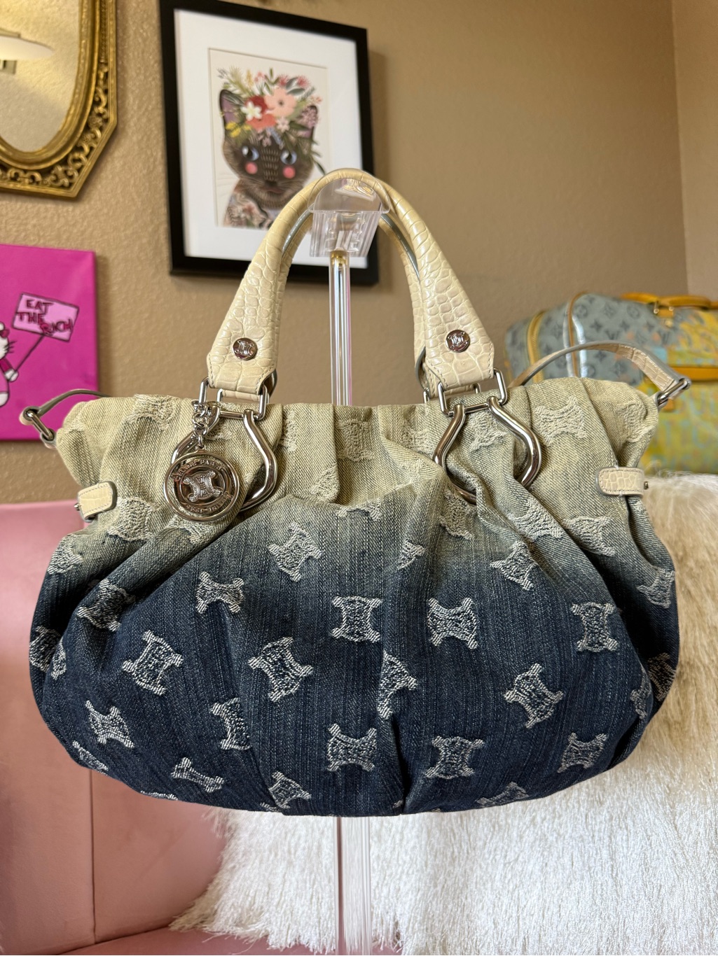 Authentic Celine Macadam Ombre Denim Bag Croc-Embossed Leather Wsilver Hardware